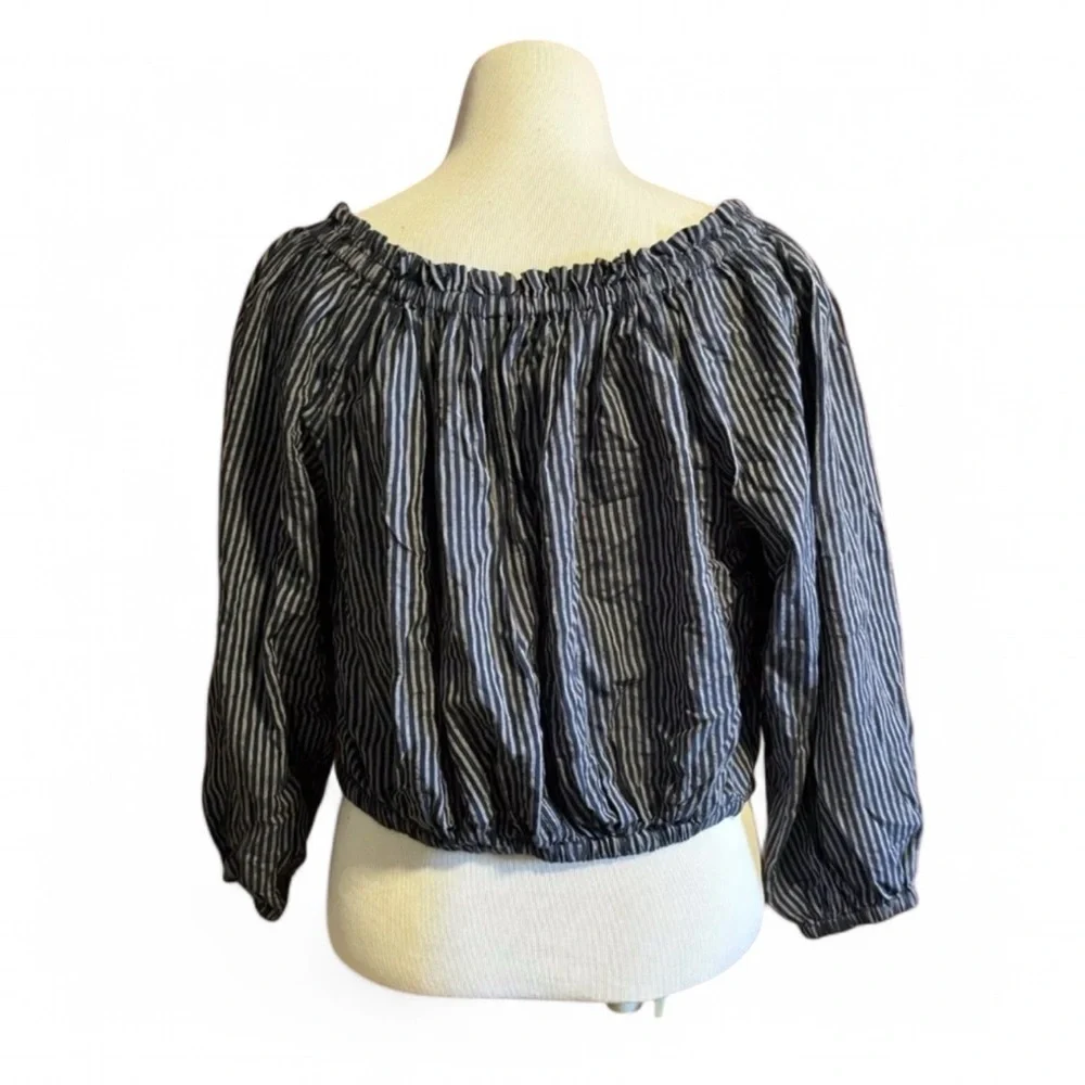 rag & bone Sz Small Navy Striped Peasant Blouse Modal Linen Boho Balloon Sleeve - Picture 2 of 6